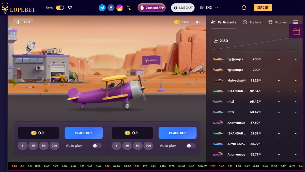 Aviatrix game on Lopebet starting a new round, featuring a purple airplane on a runway scene with user betting options available