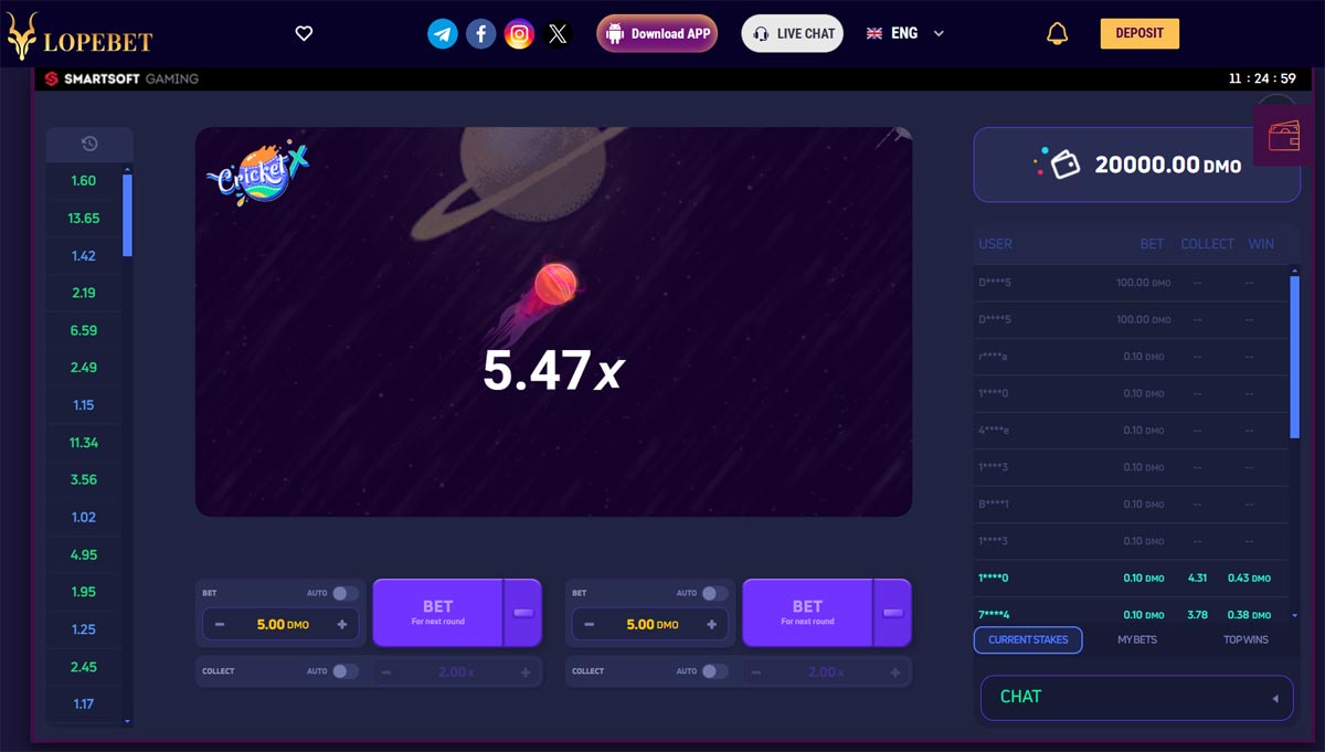 Gameplay of CricketX on Lopebet platform showing a ball in space with a multiplier of 5.47x and high-stake bets displayed