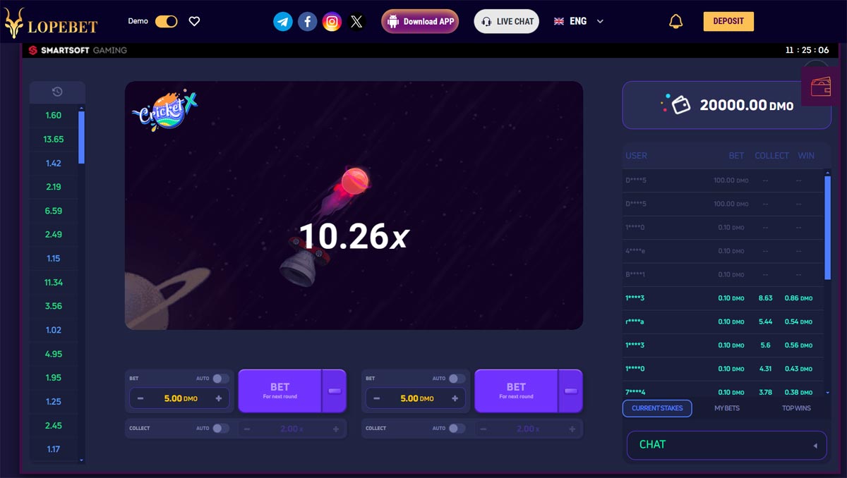 CricketX demo game on Lopebet featuring a space-themed background with a ball reaching a multiplier of 10.26x during a demo round