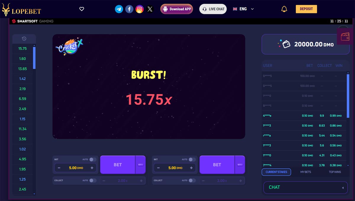 CricketX game round ending with a burst at a high multiplier of 15.75x, showcasing the intense gameplay on Lopebet