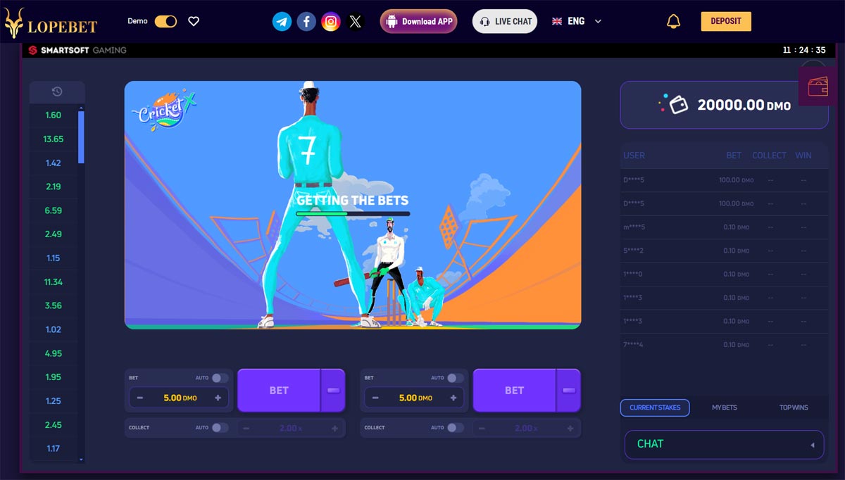 CricketX game interface on Lopebet showing players getting ready to place their bets before the round starts