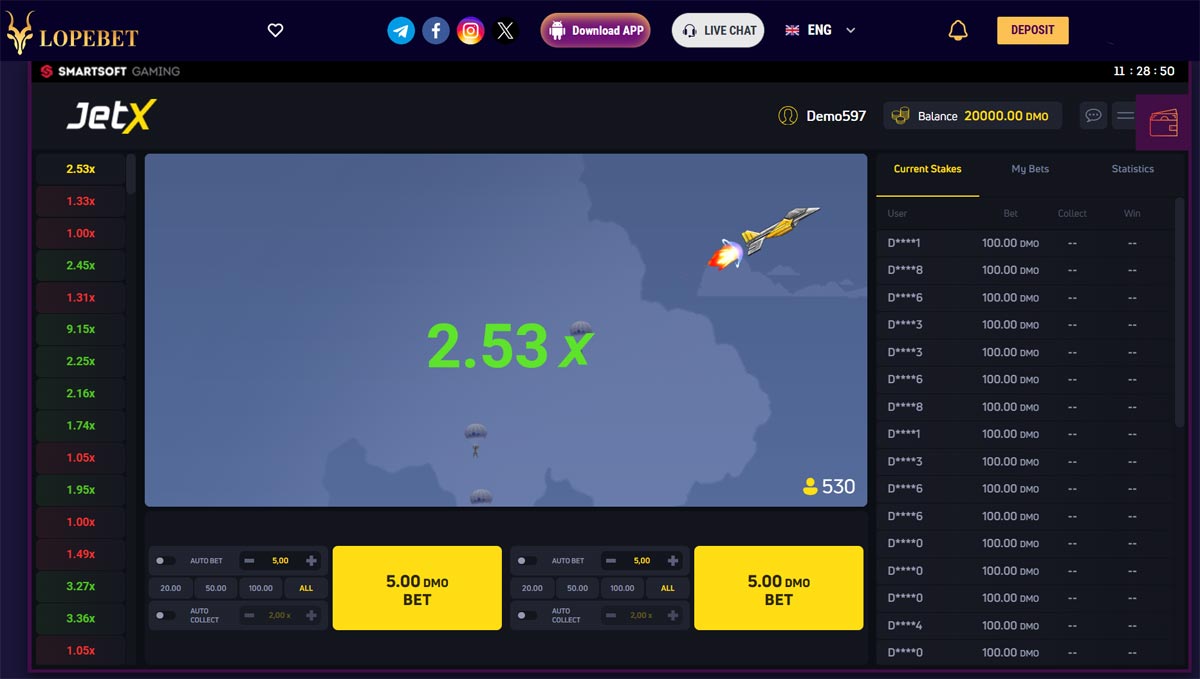 JetX DEMO game on Lopebet showcasing a rocket in flight with a multiplier of 2.53x and active high-stake bets visible