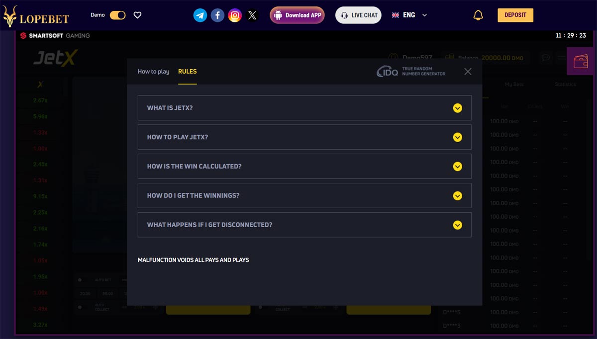 JetX game rules and instructions screen on Lopebet, providing a detailed guide on how to play and calculate winnings