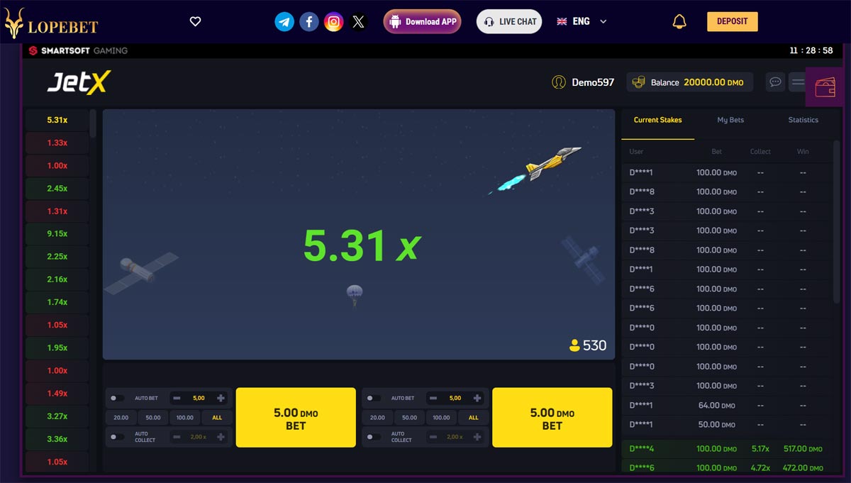 JetX high-stakes game session with a rocket flying at a 5.31x multiplier and users placing significant bets