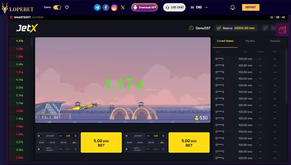 JetX game starting a new round on Lopebet, showing a rocket taking off with a low multiplier of 1.17x and player bets placed